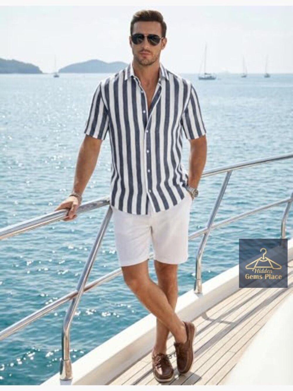 Cotton Button Down Dress Shirt Short Sleeve Casual Striped Beach shirt - Picture 5 of 7